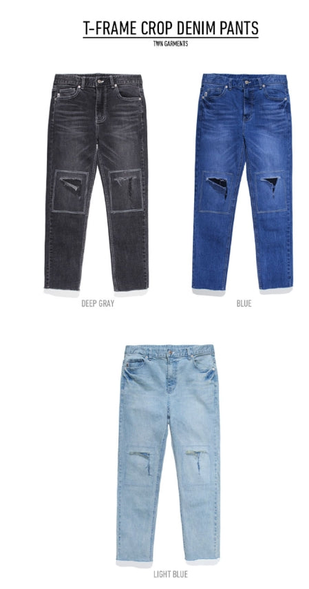 ティーダヴリューエヌ(TWN) T-FRAME CROP DENIM PANTS YMLP3167 (DEEP GRAY,BLUE,LIGHT BLUE)