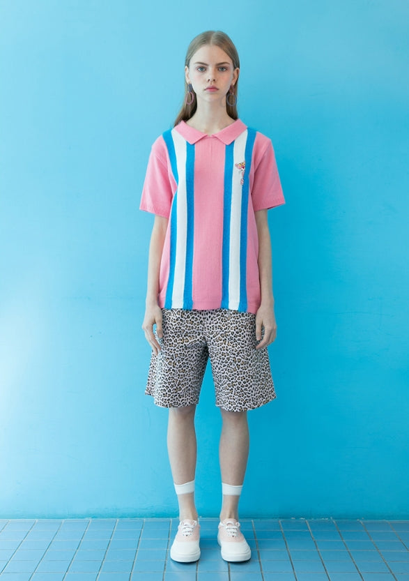 ステレオバイナルズ(Stereo Vinyls) [SS19 Pink Panther] Stripe Collar S/S Knit(Pink)