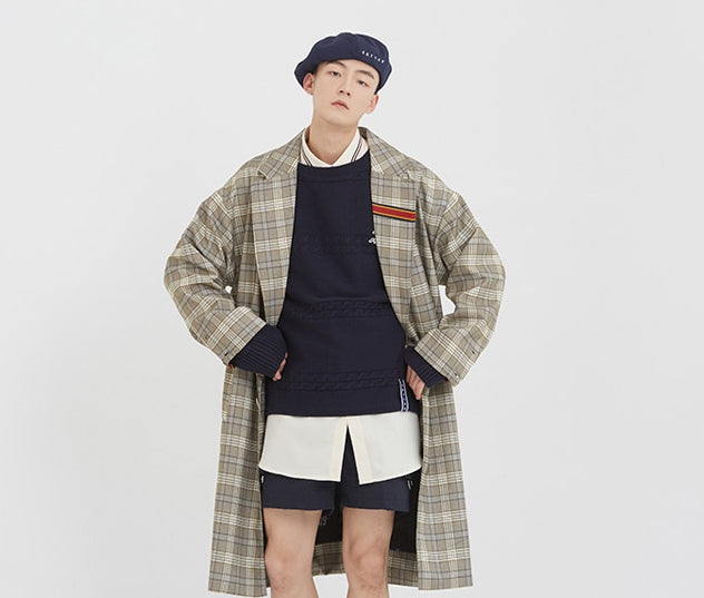 ロマンティッククラウン(ROMANTIC CROWN) Striped Lapel Check Coat_Grey