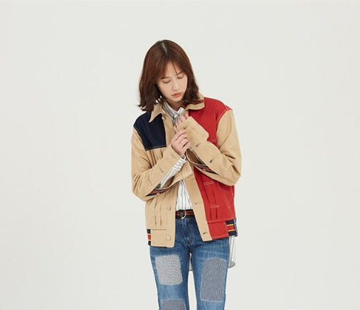 ロマンティッククラウン(ROMANTIC CROWN) Color Block Trucker Jacket_Beige