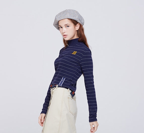 ロマンティッククラウン(ROMANTIC CROWN) Stripe Knit Turtleneck_Navy