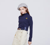 ロマンティッククラウン(ROMANTIC CROWN) Stripe Knit Turtleneck_Navy