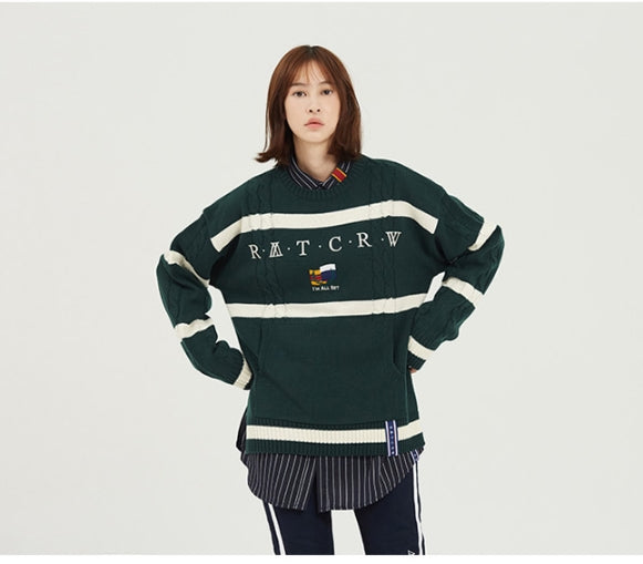 ロマンティッククラウン(ROMANTIC CROWN) Round Neck Cable Knit_Green