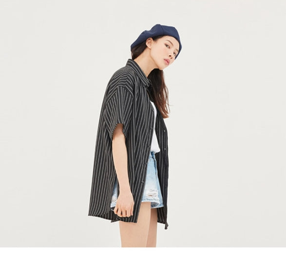 ロマンティッククラウン(ROMANTIC CROWN) E.D.V Stripe Half Shirt_Black