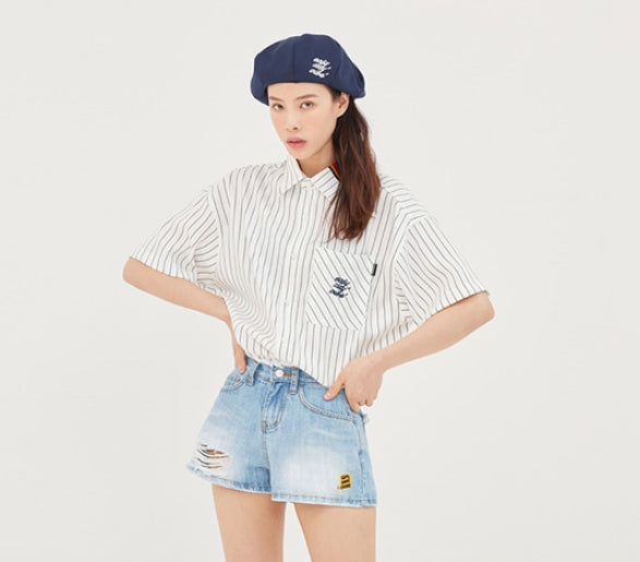 ロマンティッククラウン(ROMANTIC CROWN) E.D.V Stripe Half Shirt_White