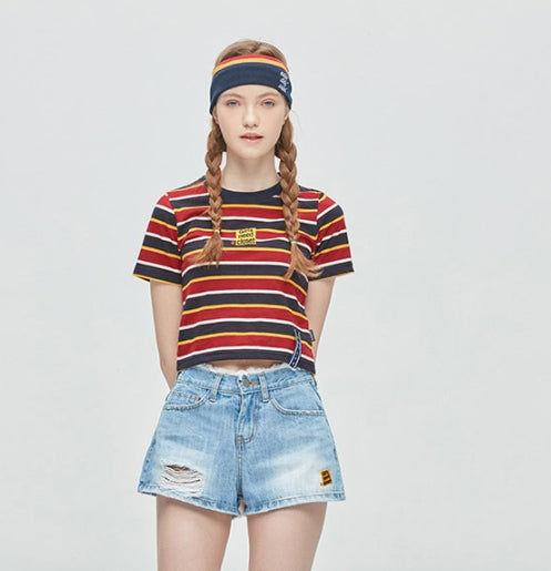 ロマンティッククラウン(ROMANTIC CROWN) GNAC Striped Crop T Shirt_Burgundy