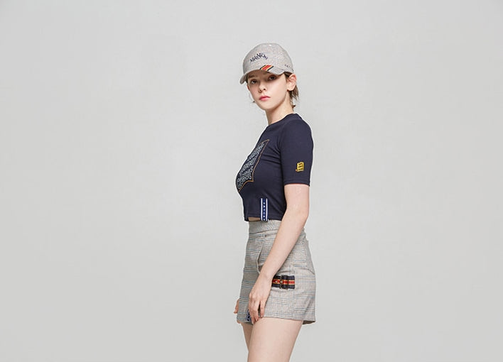ロマンティッククラウン(ROMANTIC CROWN) Post Logo Crop T Shirt_Navy