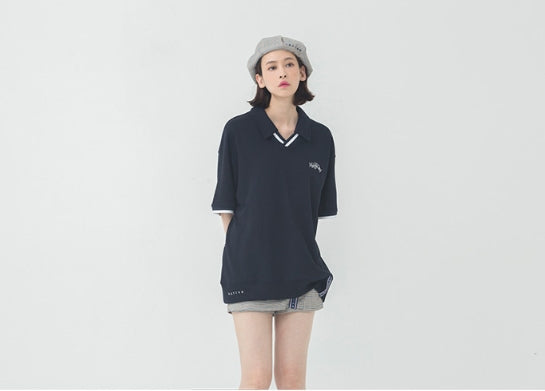 ロマンティッククラウン(ROMANTIC CROWN) Neckline Band Collar T Shirt_Navy