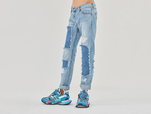 ロマンティッククラウン(ROMANTIC CROWN) Washing Destroyed Jeans_Blue