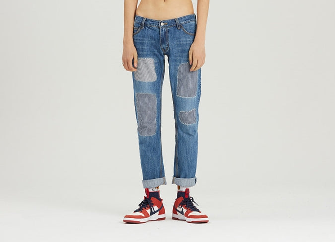 ロマンティッククラウン(ROMANTIC CROWN) Stripe Patch Jeans_Blue