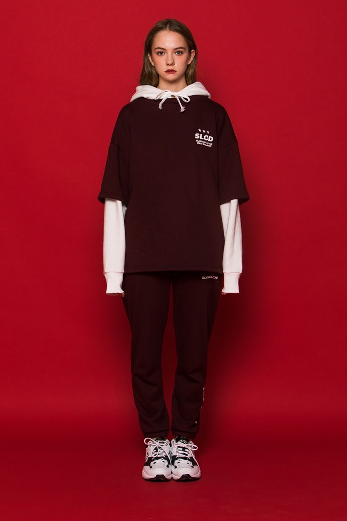 スローアシッド(SLOW ACID) Half-Layered Hoodie (BURGUNDY)