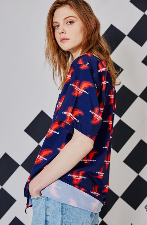 シディスコンマ(SHETHISCOMMA) V PATTERN SHIRTS (NAVY)