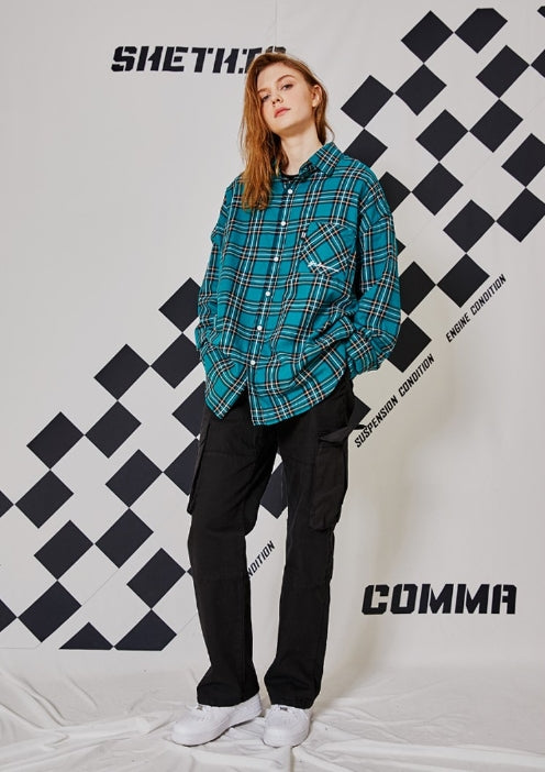 シディスコンマ(SHETHISCOMMA)LOOSE CHECK SHIRTS (GREEN)