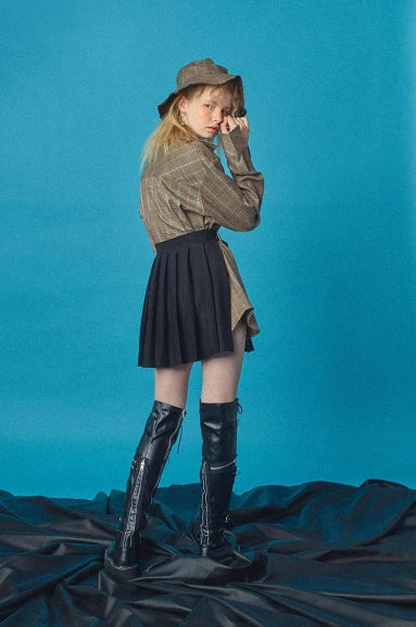 オクトーバーサード(Oct.3) Belt Layered Pleats Skirt [Black]