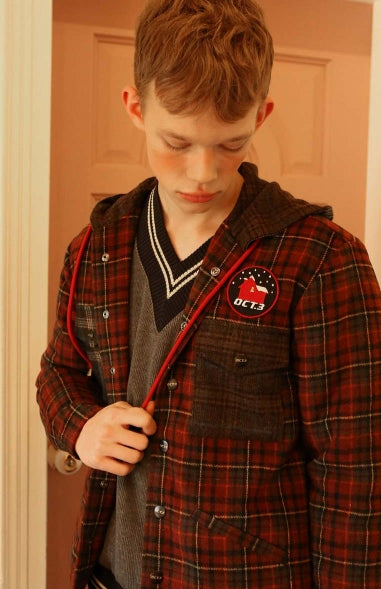 オクトーバーサード(Oct.3) Check Mix Hoodie Jumper [Red]