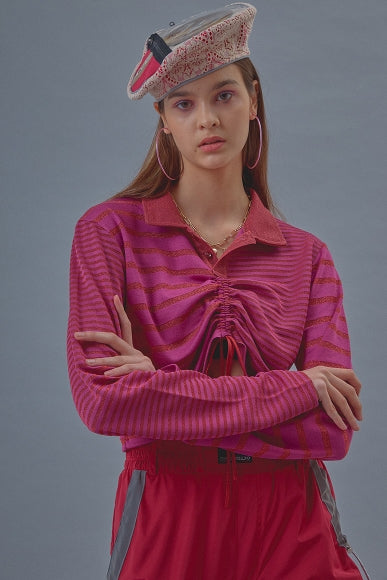 オクトーバーサード(Oct.3) Twinkle Stripe Crop Shirt [Pink]