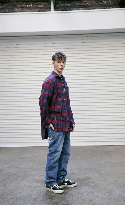 メスノウン(MASSNOUN) CHRRYSANTHEMUM CHECK SIDE VENT LONG SHIRT MFVST002-NV