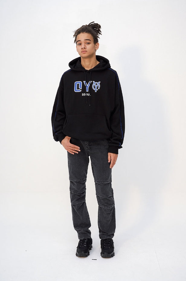 オーワイ(OY) PIPING LOGO HOODIE - BLACK