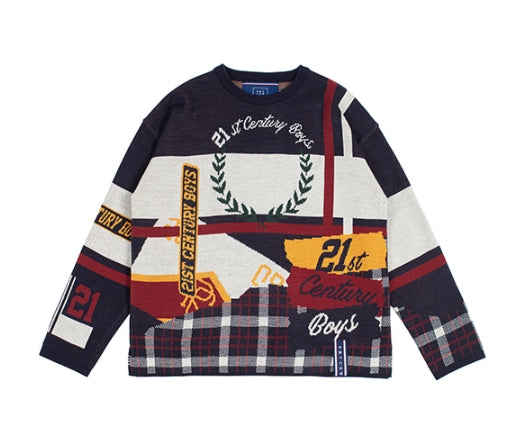 ロマンティッククラウン(ROMANTIC CROWN) ROUND NECK JACQUARD KNIT_NAVY