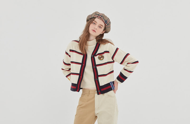ロマンティッククラウン(ROMANTIC CROWN) CLASSIC LOGO STRIPE CARDIGAN_OATMEAL