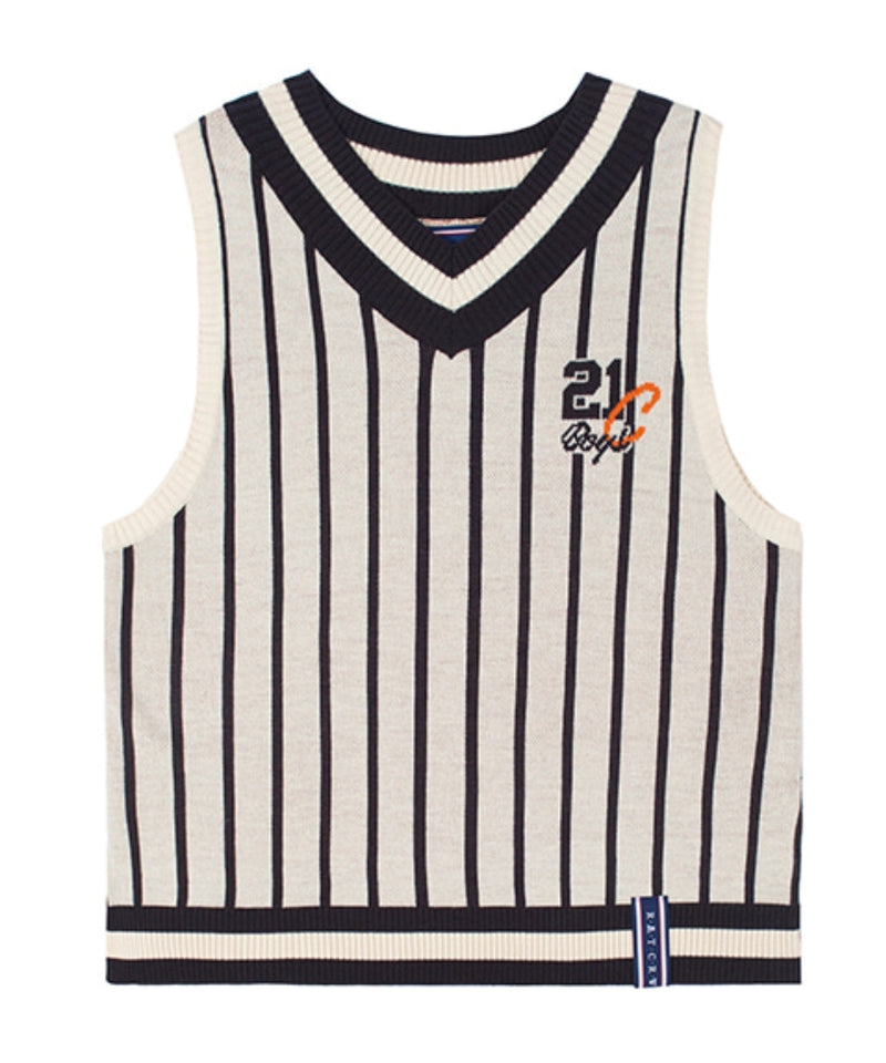 ロマンティッククラウン(ROMANTIC CROWN) V NECK STRIPE VEST_OATMEAL