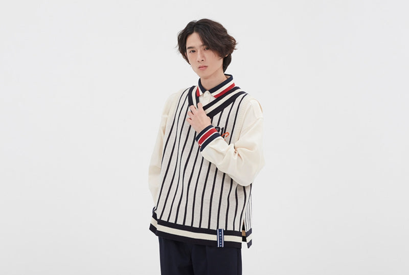 ロマンティッククラウン(ROMANTIC CROWN) V NECK STRIPE VEST_OATMEAL