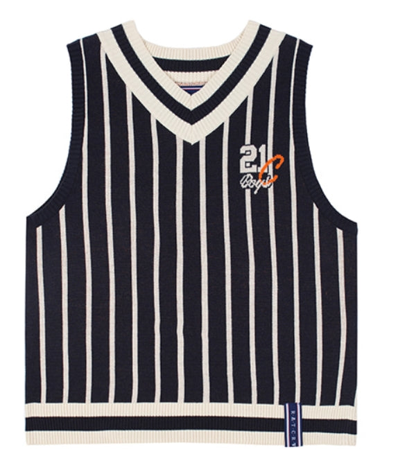 ロマンティッククラウン(ROMANTIC CROWN) V NECK STRIPE VEST_NAVY