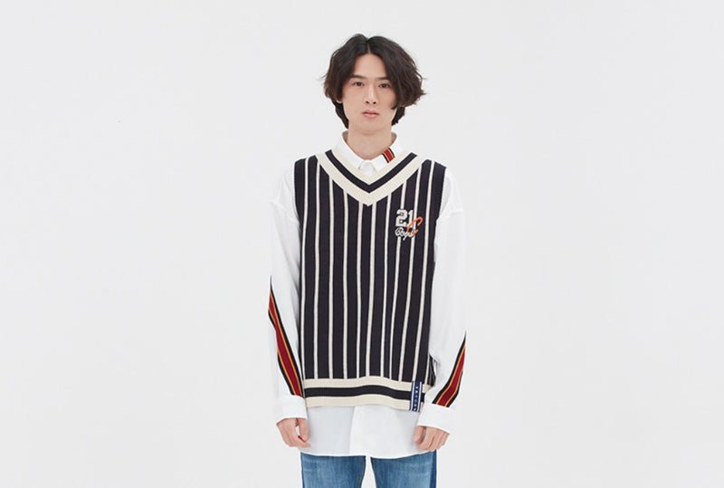 ロマンティッククラウン(ROMANTIC CROWN) V NECK STRIPE VEST_NAVY