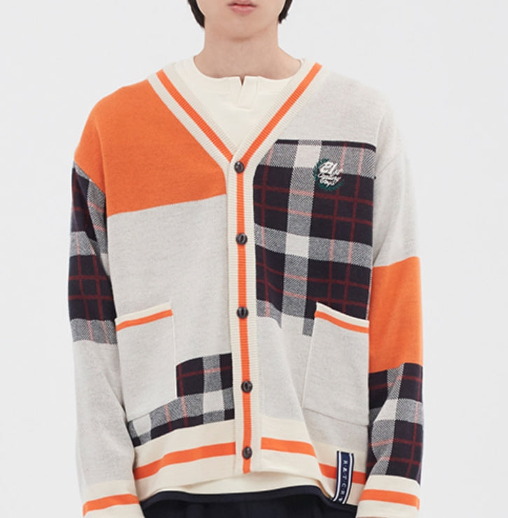 ロマンティッククラウン(ROMANTIC CROWN)SQUARE CHECK KNIT CARDIGAN_ORANGE