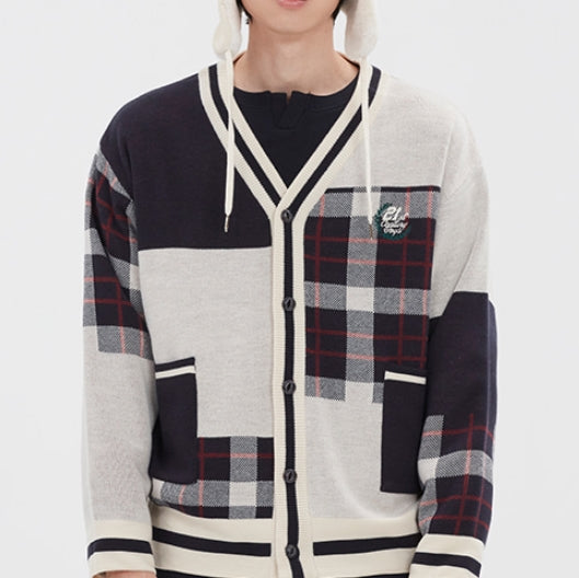 ロマンティッククラウン(ROMANTIC CROWN)SQUARE CHECK KNIT CARDIGAN_OATMEAL