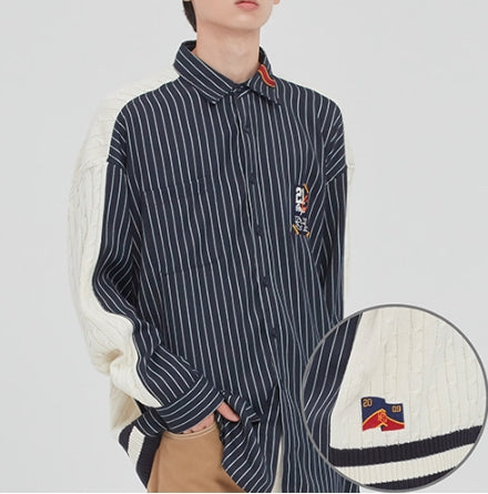 ロマンティッククラウン(ROMANTIC CROWN)STRIPED REVERSE KNIT SHIRT_NAVY