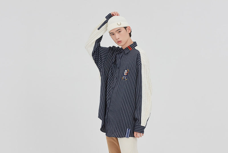 ロマンティッククラウン(ROMANTIC CROWN)STRIPED REVERSE KNIT SHIRT_NAVY