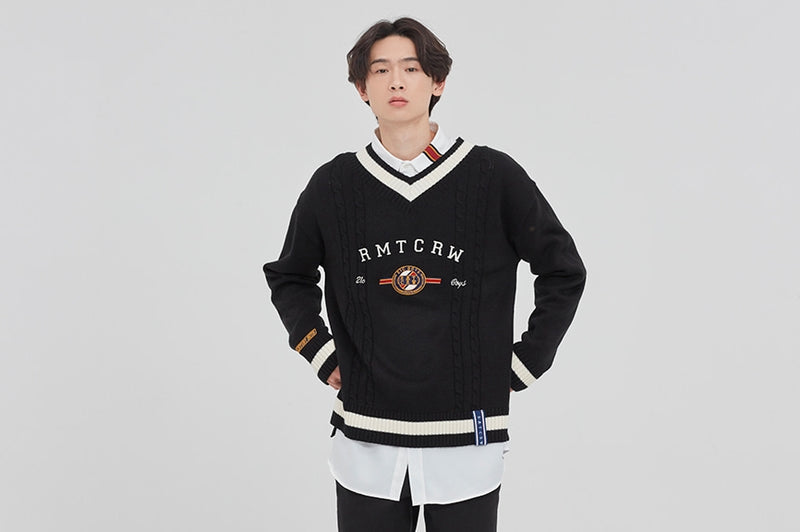 ロマンティッククラウン(ROMANTIC CROWN) RMTCRW LOGO V NECK KNIT_BLACK