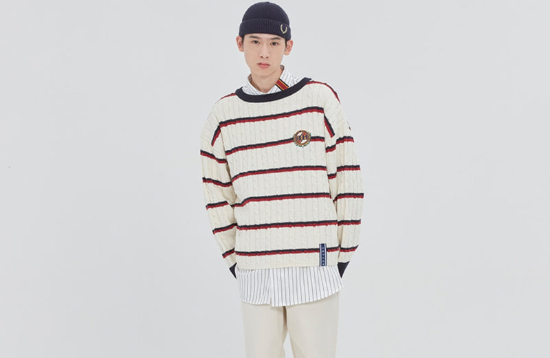 ロマンティッククラウン(ROMANTIC CROWN) STRIPE CABLE KNIT_OATMEAL