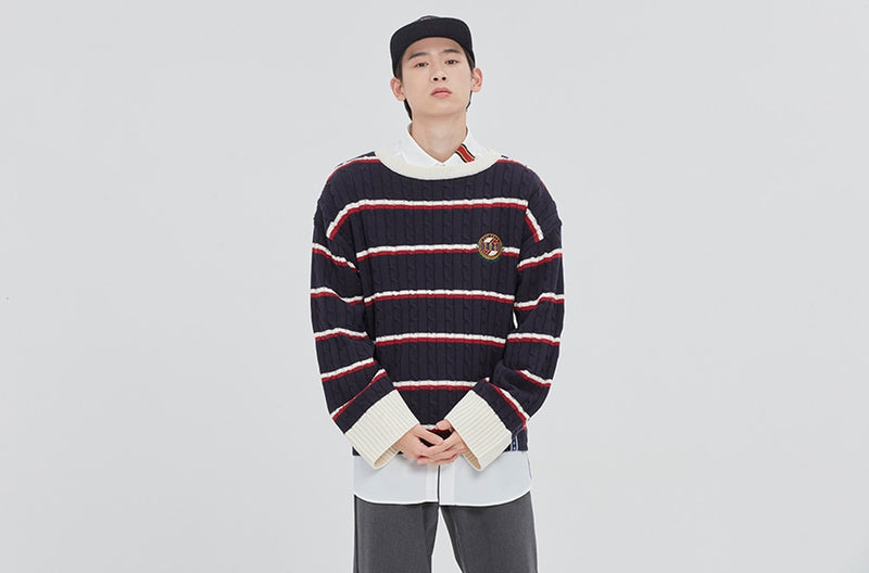 ロマンティッククラウン(ROMANTIC CROWN) STRIPE CABLE KNIT_NAVY