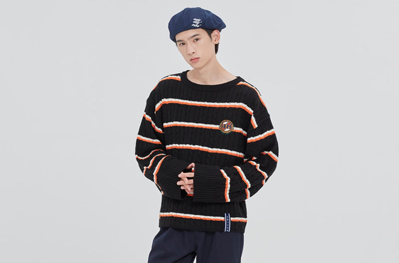 ロマンティッククラウン(ROMANTIC CROWN) STRIPE CABLE KNIT_BLACK