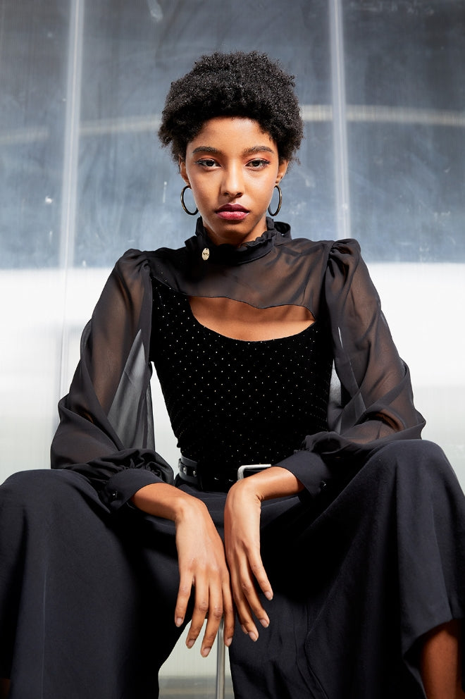 オクトーバーサード(Oct.3) Velvet & Chiffon Ribbon Blouse [Black]