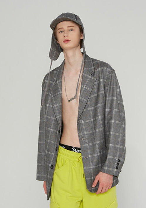 ベドインベド(BADINBAD) 3 BUTTON CHECK JACKET_GREY