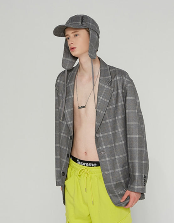 ベドインベド(BADINBAD) 3 BUTTON CHECK JACKET_GREY