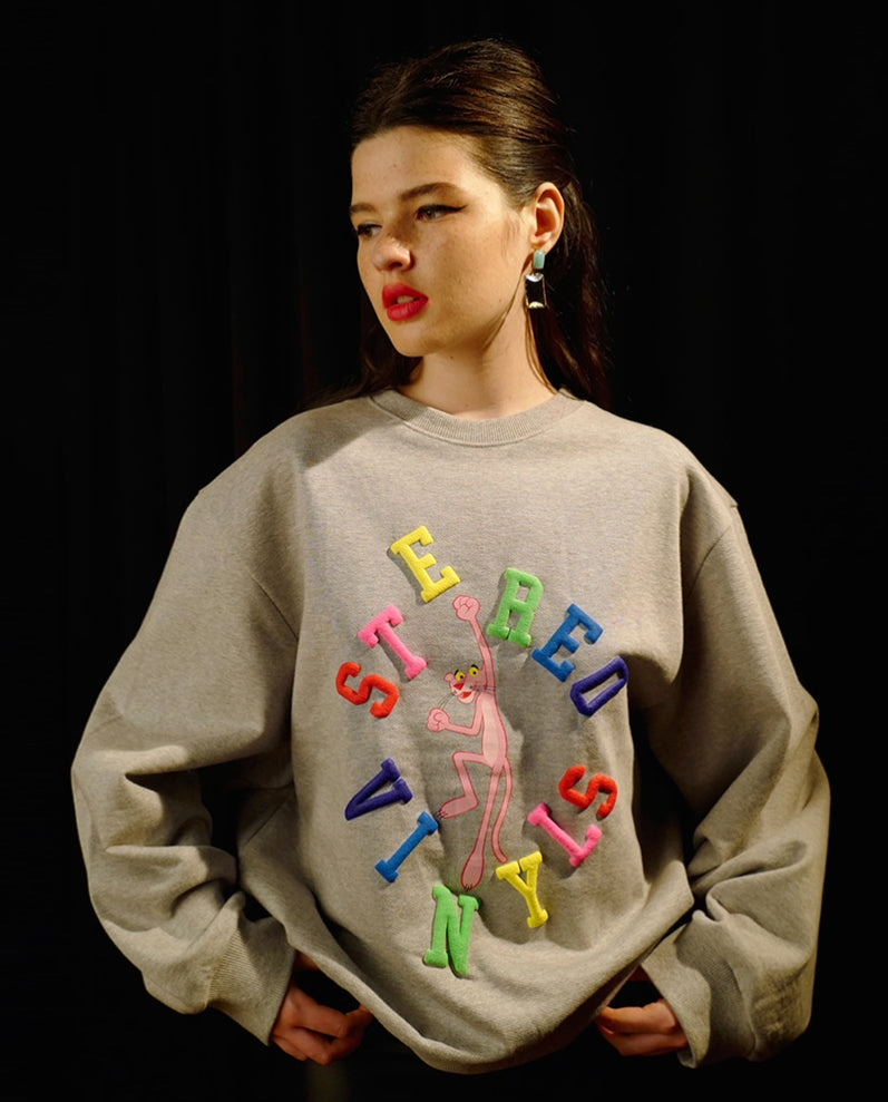 ステレオバイナルズ(Stereo Vinyls)  [FW19 Pink Panther] Jumping PP Fleece Sweatshirts(Melange Grey)