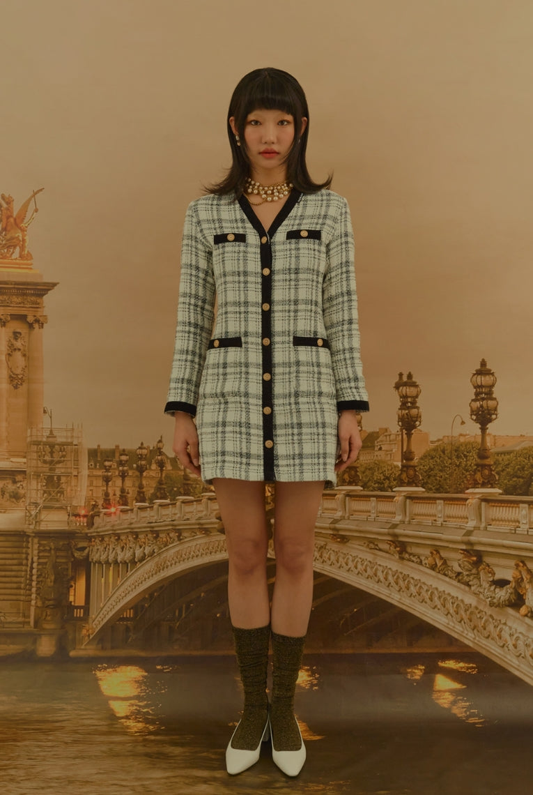 オクトーバーサード(Oct.3)  V-neck Check Tweed Dress [White]
