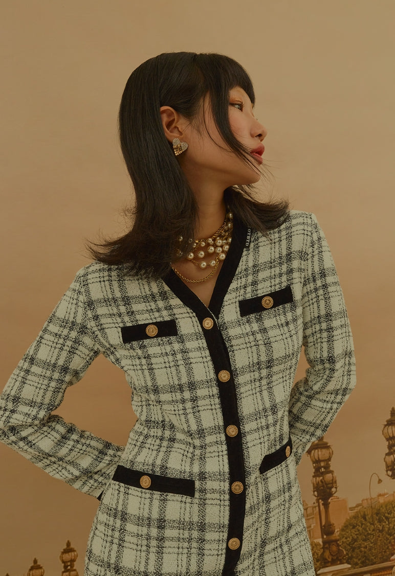 オクトーバーサード(Oct.3)  V-neck Check Tweed Dress [White]