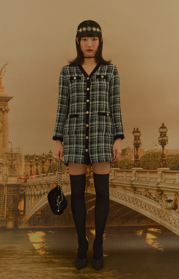 オクトーバーサード(Oct.3) V-neck Check Tweed Dress [Black]
