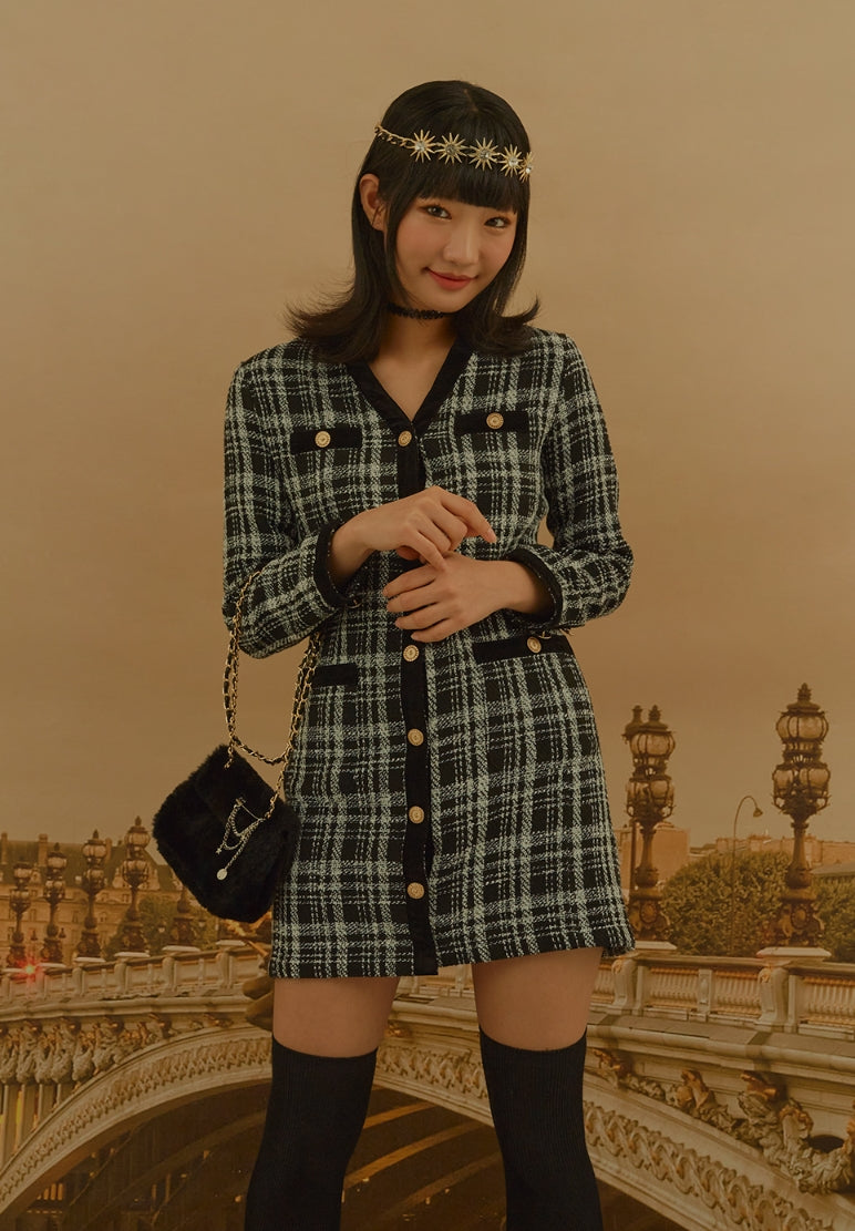 オクトーバーサード(Oct.3) V-neck Check Tweed Dress [Black]