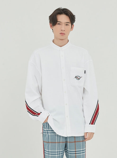 ロマンティッククラウン(ROMANTIC CROWN)HENRY NECK BACK LINE SHIRT_WHITE