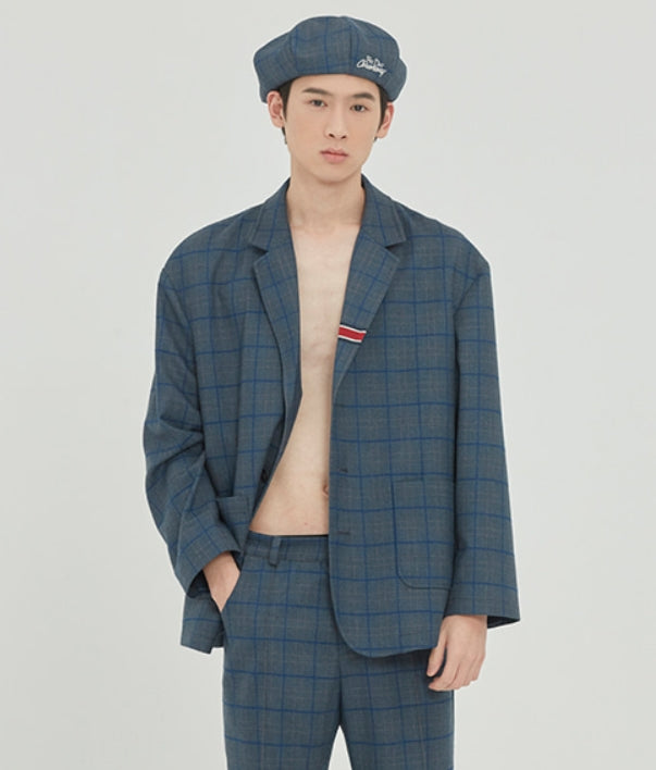 ロマンティッククラウン(ROMANTIC CROWN) FRIDAY THREE BUTTON CHECK JACKET_BLUE