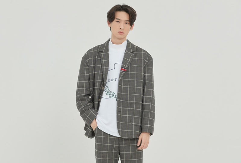 ロマンティッククラウン(ROMANTIC CROWN) FRIDAY THREE BUTTON CHECK JACKET_GREY