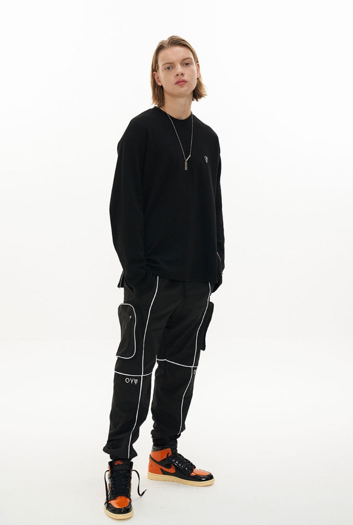 オーワイ(OY)REFLECTIVE PIPING CARGO PANTS-BLACK
