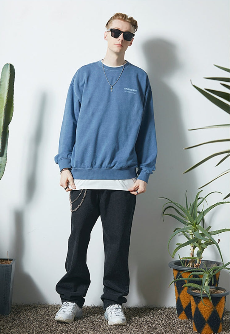 セイントペイン(SAINTPAIN)  SP PIGMENT VRTN LOGO CREW NECK-BLUE
