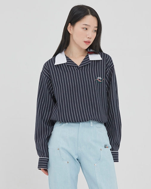 ロマンティッククラウン(ROMANTIC CROWN) STRIPED BOWLING SHIRT_NAVY